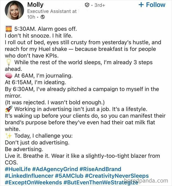 Post from executive assistant embracing hustle culture with early mornings, constant ideation, and relentless advertising grind.