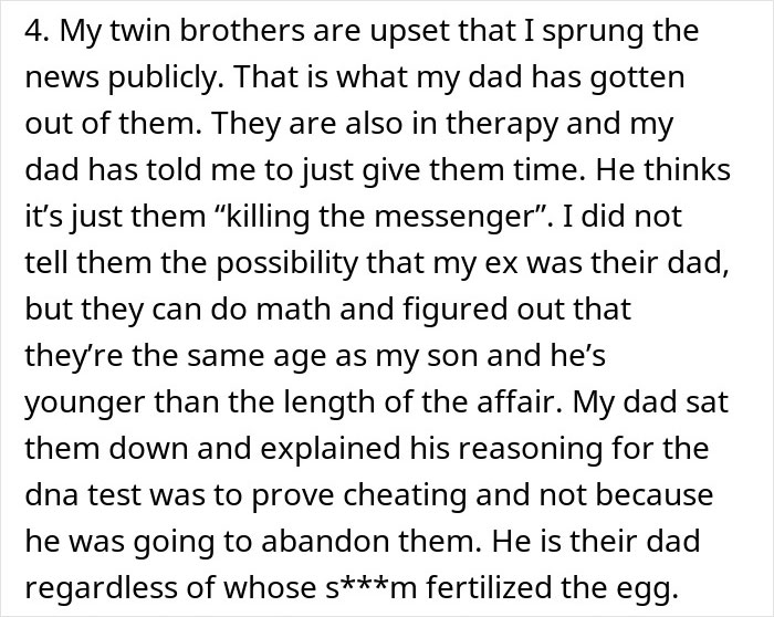 Text excerpt discussing family reactions and DNA testing after a woman catches her mom sleeping with her husband and exposes a 22-year affair. Text excerpt discussing family reactions and DNA testing after a woman catches her mom sleeping with her husband and exposes a 22-year affair.