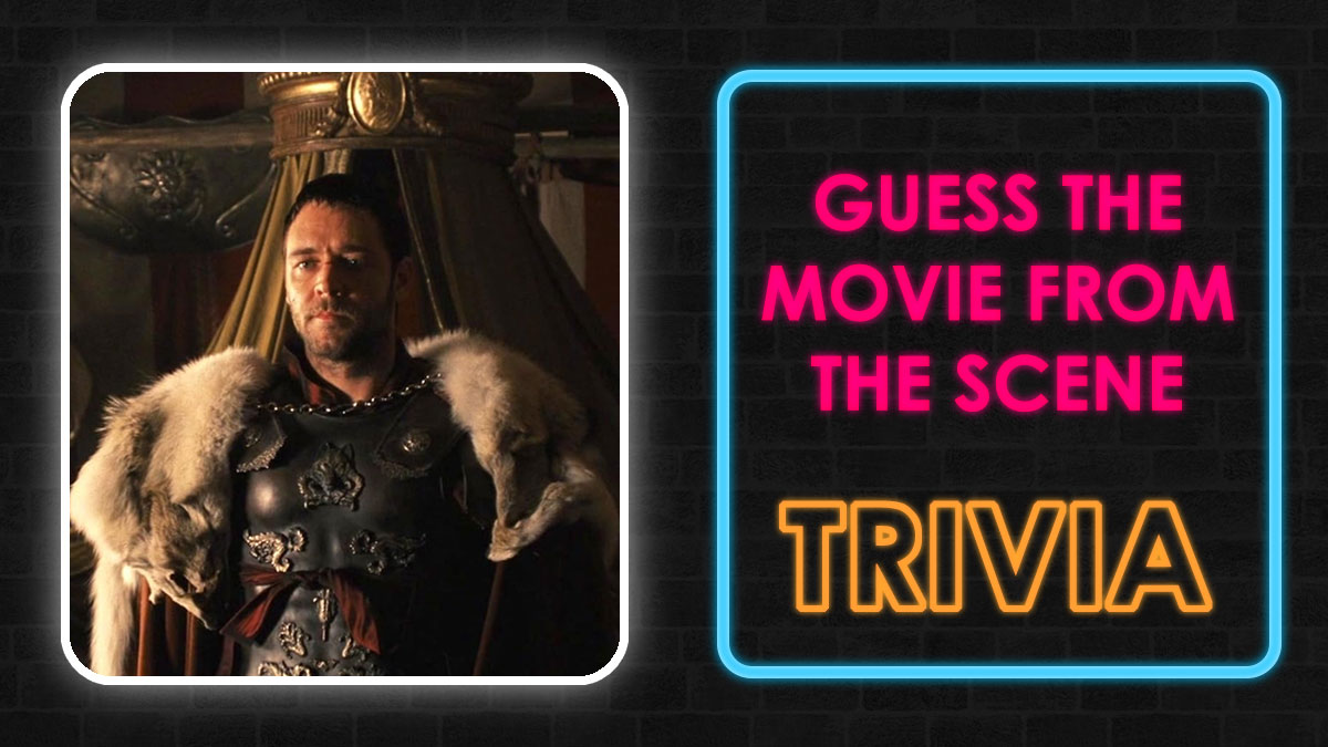 Scene from a 2000s movie with a man in medieval armor next to neon text guessing the movie from the scene trivia quiz