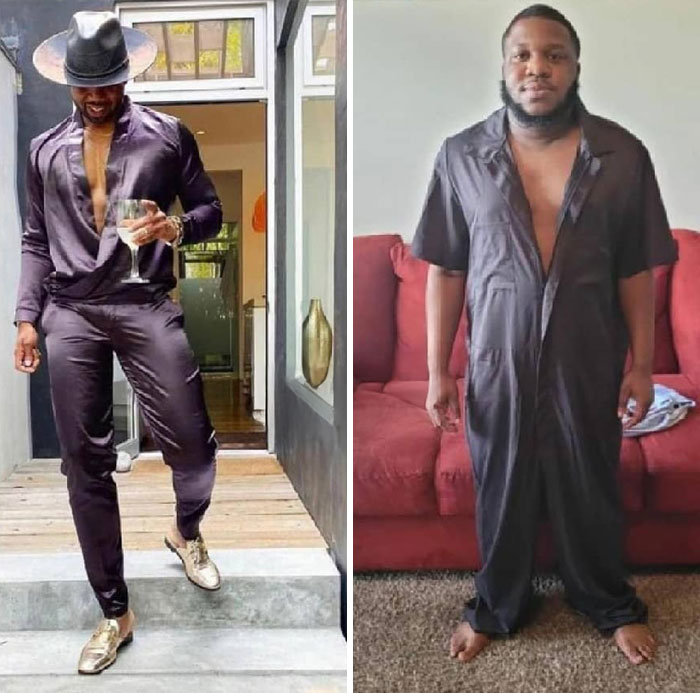 Man modeling sleek black outfit with hat and shoes versus man in ill-fitting black jumpsuit indoors showing hilarious fails.