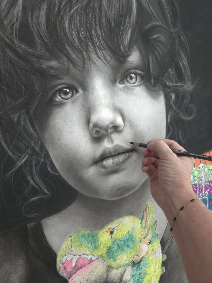 My Daughter Crashed My Huge Charcoal Drawing, And Made It Way Better My Daughter Crashed My Huge Charcoal Drawing, And Made It Way Better