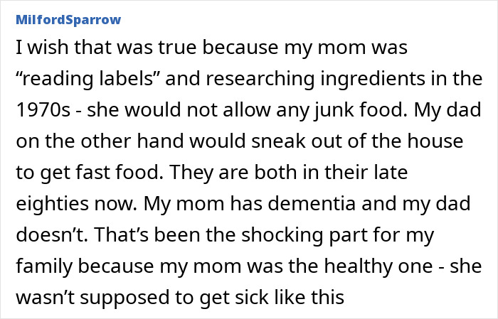 Comment discussing dementia risk linked to food choices and its unexpected impact on family members. Comment discussing dementia risk linked to food choices and its unexpected impact on family members.