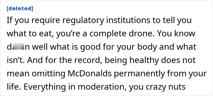 Forum post criticizing reliance on regulations on what to eat, mentioning McDonalds and health advice often linked to dementia risk studies. Forum post criticizing reliance on regulations on what to eat, mentioning McDonalds and health advice often linked to dementia risk studies.
