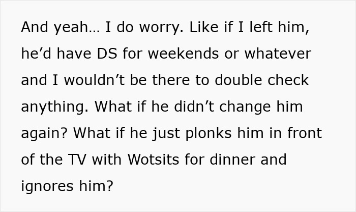 Text expressing worry about dad taking care of son, forgetting to change diaper and feed him properly. Text expressing worry about dad taking care of son, forgetting to change diaper and feed him properly.