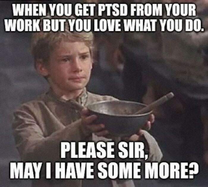 Young boy with bowl and spoon asking for more, representing PTSD and dedication in EMT or paramedic work.