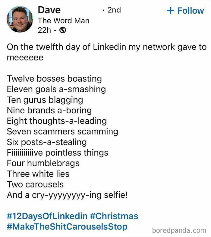 LinkedIn post humor on hustle culture showing a countdown of exaggerated social media behaviors and complaints.