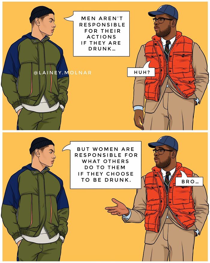 Illustration by Lainey Molnar showing a dialogue challenging societal expectations about gender and responsibility with two men.