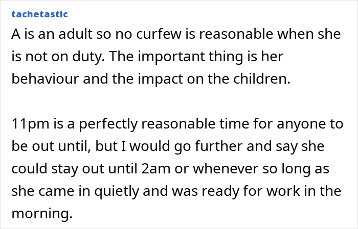 Screenshot of an online discussion about a live-in nanny placed under a curfew on her nights off. Screenshot of an online discussion about a live-in nanny placed under a curfew on her nights off.