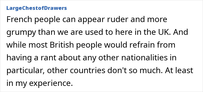 Text post on social media describing British woman losing patience with French shop owner lecturing on parenting. Text post on social media describing British woman losing patience with French shop owner lecturing on parenting.