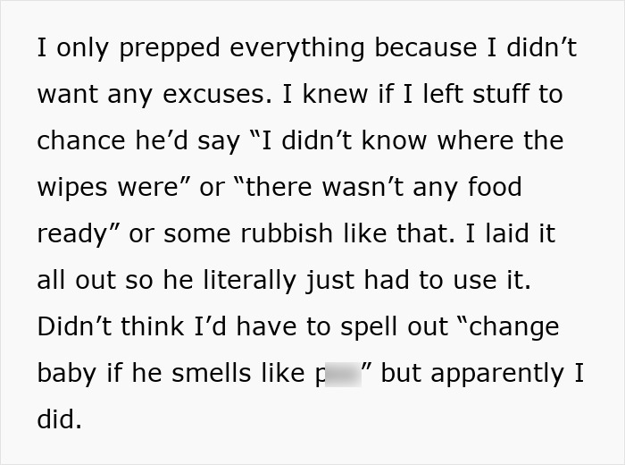 Text excerpt from a mom frustrated with dad forgetting to change and feed their baby during his first time caregiving. Text excerpt from a mom frustrated with dad forgetting to change and feed their baby during his first time caregiving.