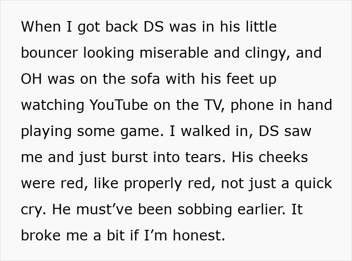 Text excerpt describing a dad forgetting to change his son's diaper and feed him, leaving the baby upset and crying. Text excerpt describing a dad forgetting to change his son's diaper and feed him, leaving the baby upset and crying.