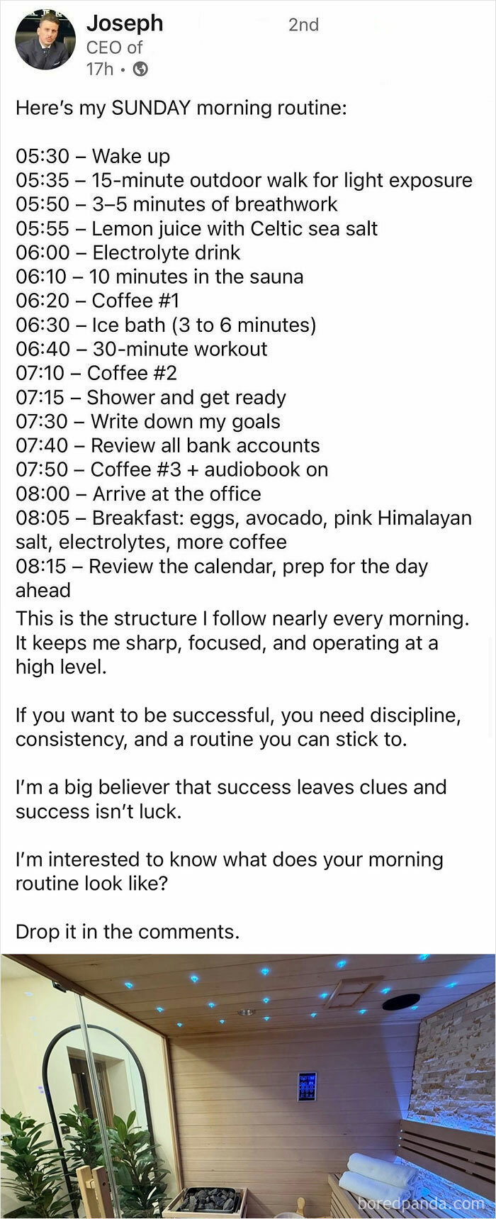 Daily morning routine schedule with sauna and workouts illustrating hustle culture and dedication to personal success habits.