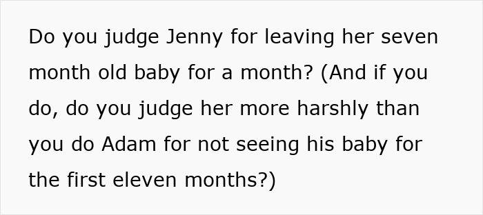 Text discussing judgment on parenting choices involving a seven-month-old baby and absent father, highlighting toxic behavior in relationships.