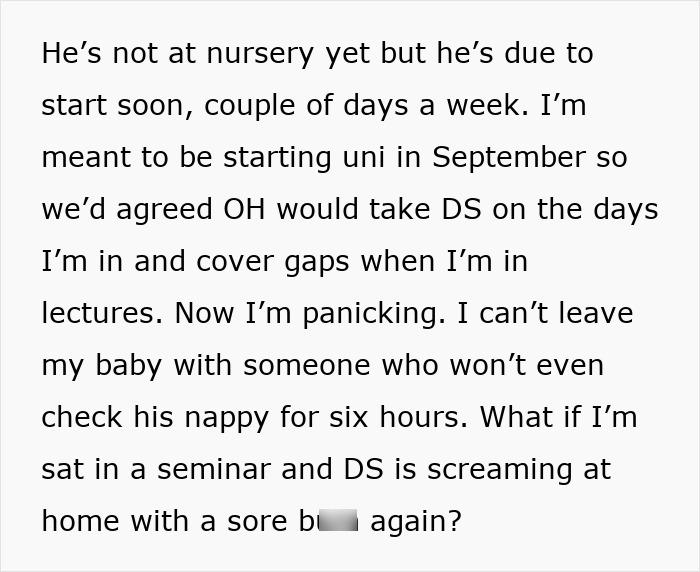 Text excerpt expressing concern about dad taking care of son, forgetting to change diaper and feed him, causing mom to be upset. Text excerpt expressing concern about dad taking care of son, forgetting to change diaper and feed him, causing mom to be upset.
