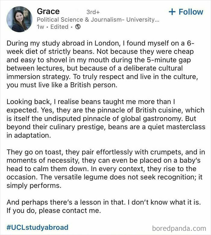 Screenshot of a LinkedIn post reflecting on cultural immersion during study abroad, highlighting personal growth beyond hustle culture.