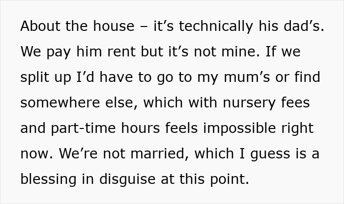 Text excerpt about housing situation, dad, and challenges with nursery fees and part-time hours after separation. Text excerpt about housing situation, dad, and challenges with nursery fees and part-time hours after separation.