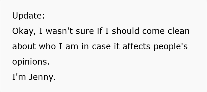 Text update from Jenny revealing her identity amid reactions to a toxic man romantically involved with two women.