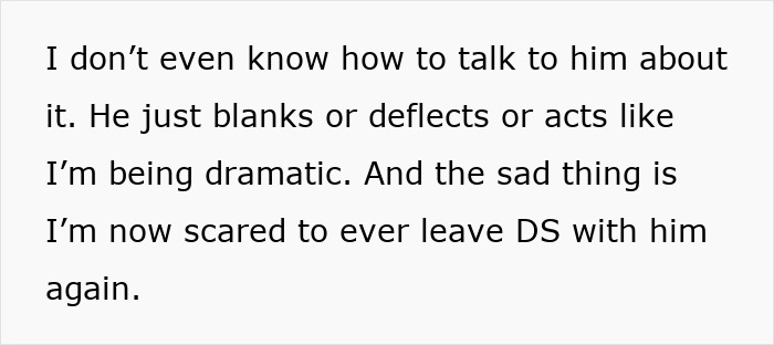 Text excerpt expressing frustration about dad forgetting to change diaper and feed son during first time caretaking. Text excerpt expressing frustration about dad forgetting to change diaper and feed son during first time caretaking.
