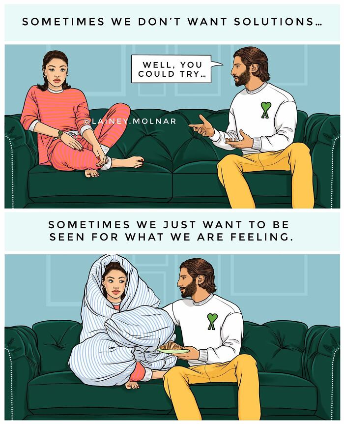 Lainey Molnar illustration showing a woman and man on a couch highlighting emotions and celebrating women.