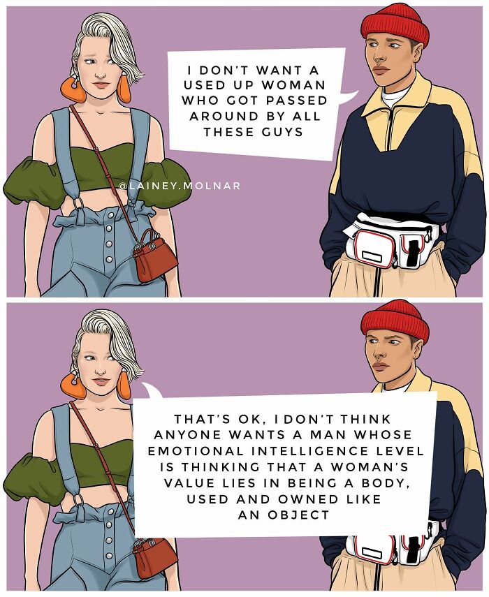 Illustration by Lainey Molnar showing a conversation challenging societal expectations about women and emotional intelligence in men.