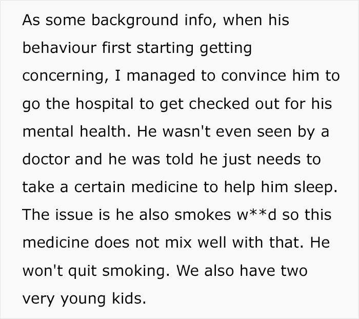 Text excerpt on a white background about mental health, smoking, and family challenges faced by a woman and her husband. Text excerpt on a white background about mental health, smoking, and family challenges faced by a woman and her husband.