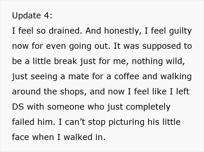 Text update expressing guilt and exhaustion after dad forgets to change and feed son during first childcare experience. Text update expressing guilt and exhaustion after dad forgets to change and feed son during first childcare experience.