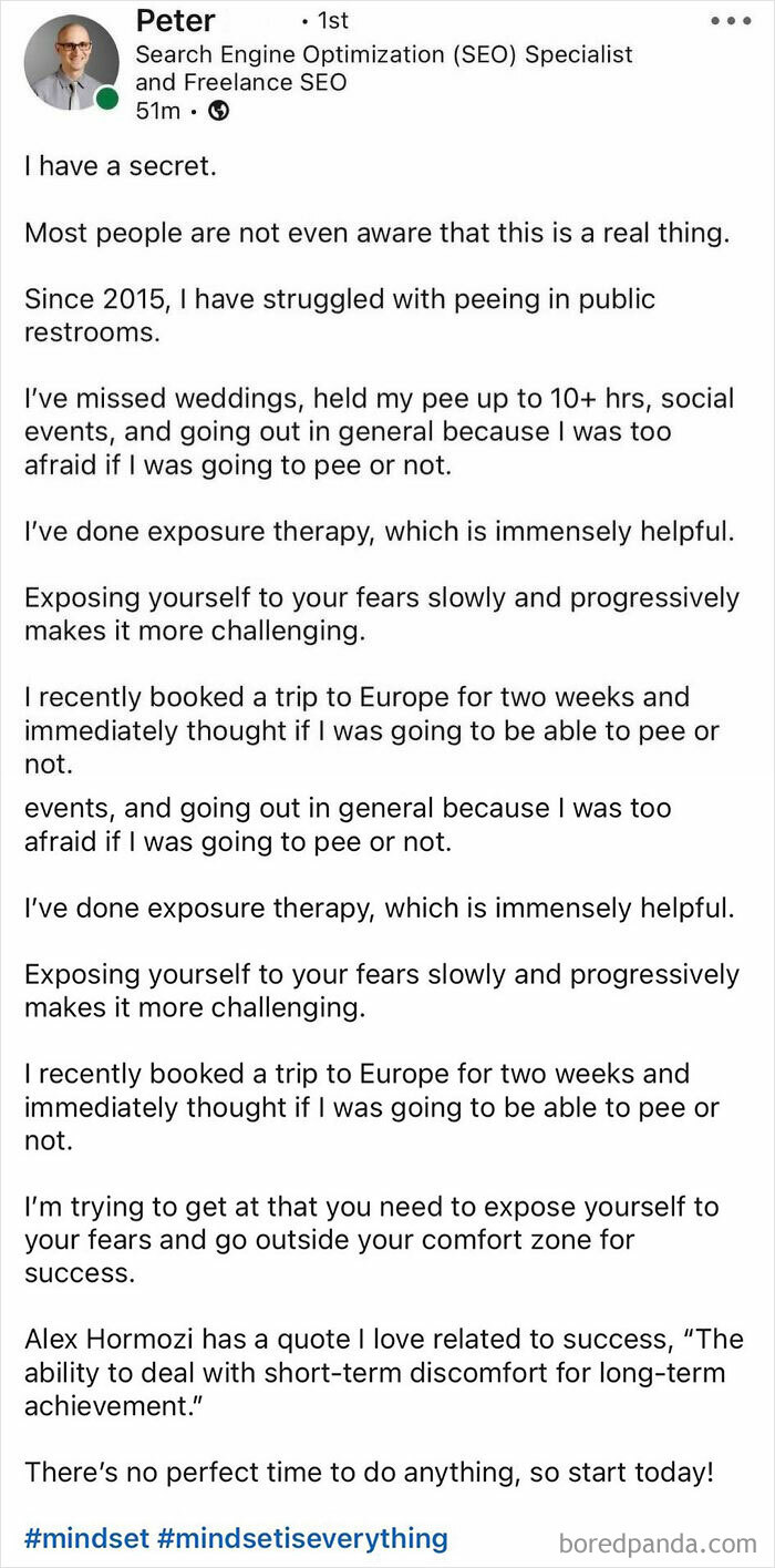 LinkedIn post by SEO specialist Peter sharing struggles and therapy insights, highlighting hustle culture impacting real life balance.