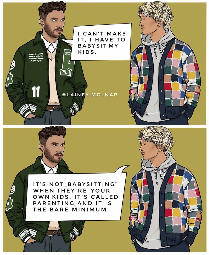 Illustration by Lainey Molnar showing two men discussing parenting and challenging gender role expectations.