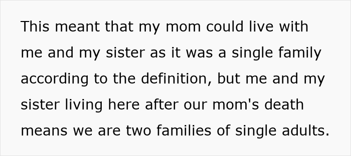 Text explaining HOA claiming siblings are two separate families after losing their mom, challenging their house status.