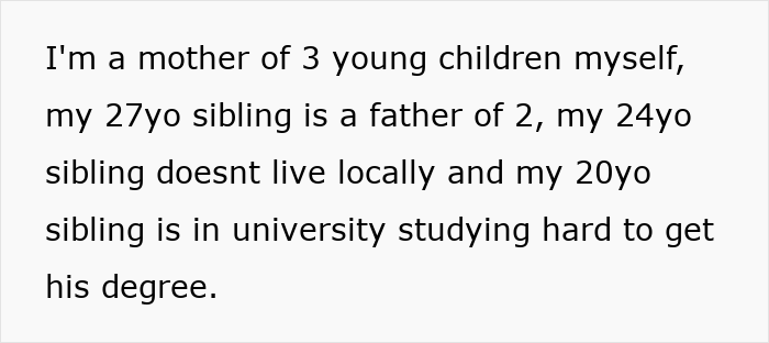 Text of a personal message explaining family dynamics, highlighting adult kids and sibling responsibilities after a 46YO gets pregnant. Text of a personal message explaining family dynamics, highlighting adult kids and sibling responsibilities after a 46YO gets pregnant.