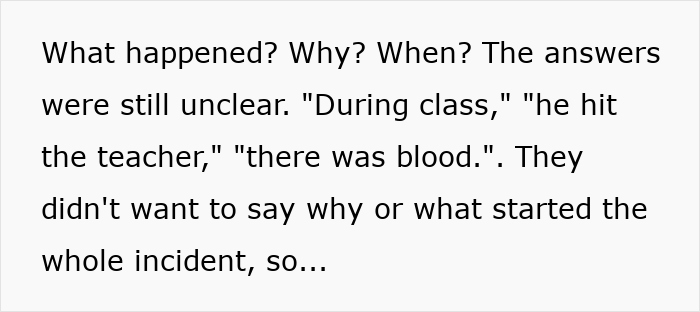 Text excerpt discussing a classroom incident where a teacher scares a student and the student hits her in shock. Text excerpt discussing a classroom incident where a teacher scares a student and the student hits her in shock.