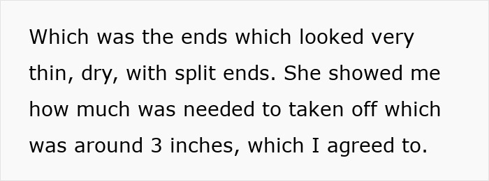 Text on a screen describing a woman comparing getting a too short haircut to her father's passing, mentioning split ends. Text on a screen describing a woman comparing getting a too short haircut to her father's passing, mentioning split ends.