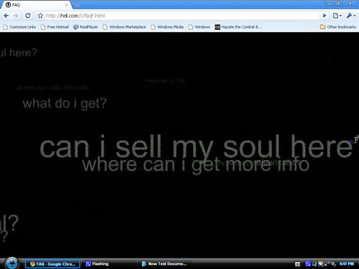 Screenshot of an early internet FAQ page with mysterious text asking about selling a soul, highlighting unexplained internet mysteries.