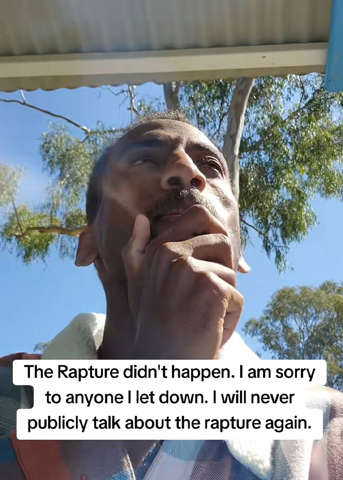 Man outdoors looking regretful with text about rapture prediction apology, reflecting RaptureTok viral prediction emotions. Man outdoors looking regretful with text about rapture prediction apology, reflecting RaptureTok viral prediction emotions.