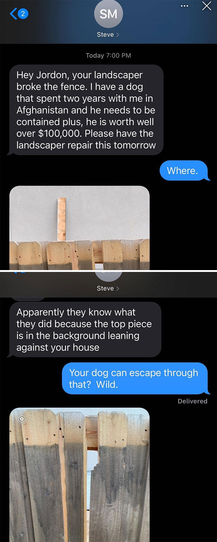 Text message conversation about a broken fence and an expensive dog, showcasing unbearable neighbor issues.