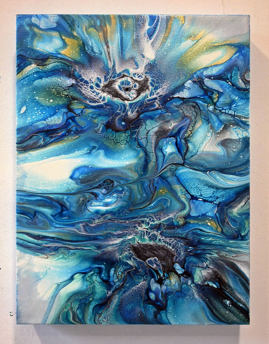 Acrylic pouring abstract art with stunning blues, gold accents, and detailed fluid patterns in a deconstructed bloom style.
