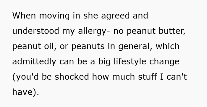 Text excerpt about woman’s allergy to peanuts, highlighting risk and family conflict over no-peanut rule and anaphylaxis.