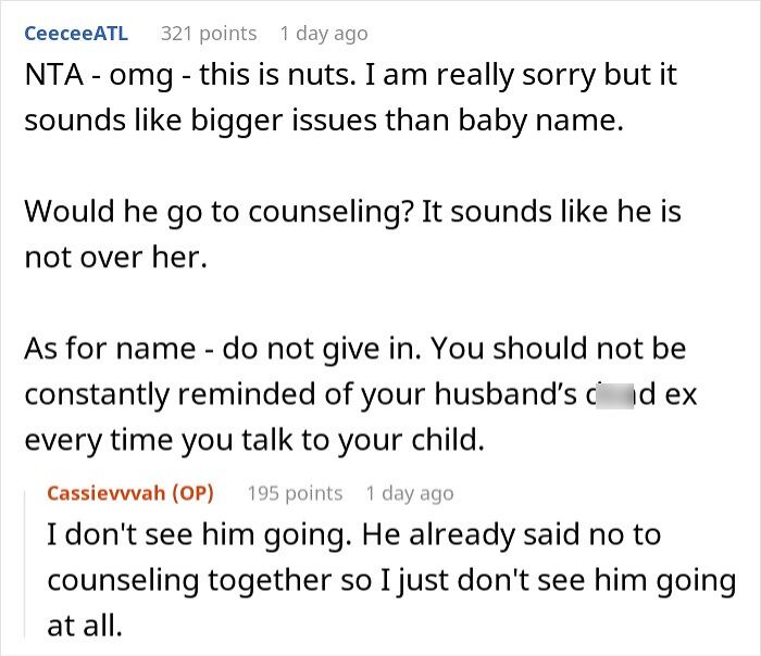 Screenshot of an online discussion about a man wanting to name his baby after his first girlfriend, upsetting his wife. Screenshot of an online discussion about a man wanting to name his baby after his first girlfriend, upsetting his wife.