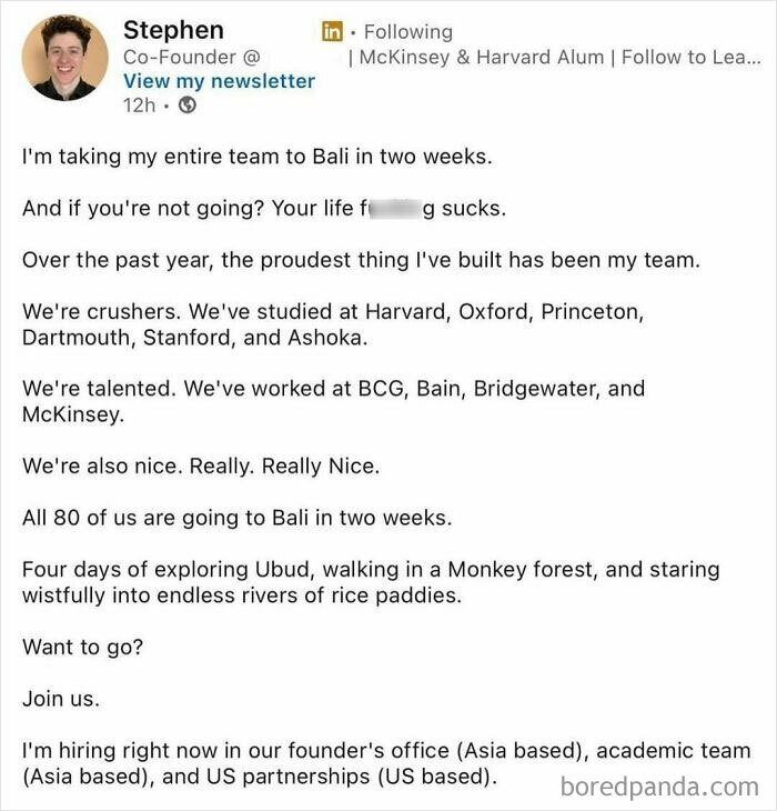 LinkedIn post expressing hustle culture mentality with a founder boasting about team success and intense work-driven lifestyle.
