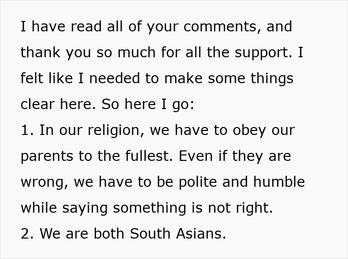 Text excerpt explaining cultural expectations of obeying parents and South Asian background in a relationship conflict context. Text excerpt explaining cultural expectations of obeying parents and South Asian background in a relationship conflict context.