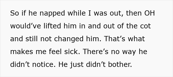 Text excerpt showing a mom expressing anger about dad forgetting to change and feed their son during childcare. Text excerpt showing a mom expressing anger about dad forgetting to change and feed their son during childcare.