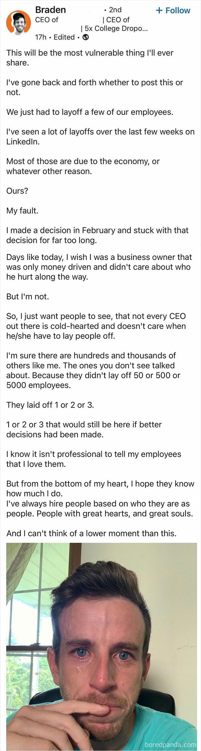 Man crying in emotional selfie, reflecting on the harsh realities of hustle culture and business layoffs.