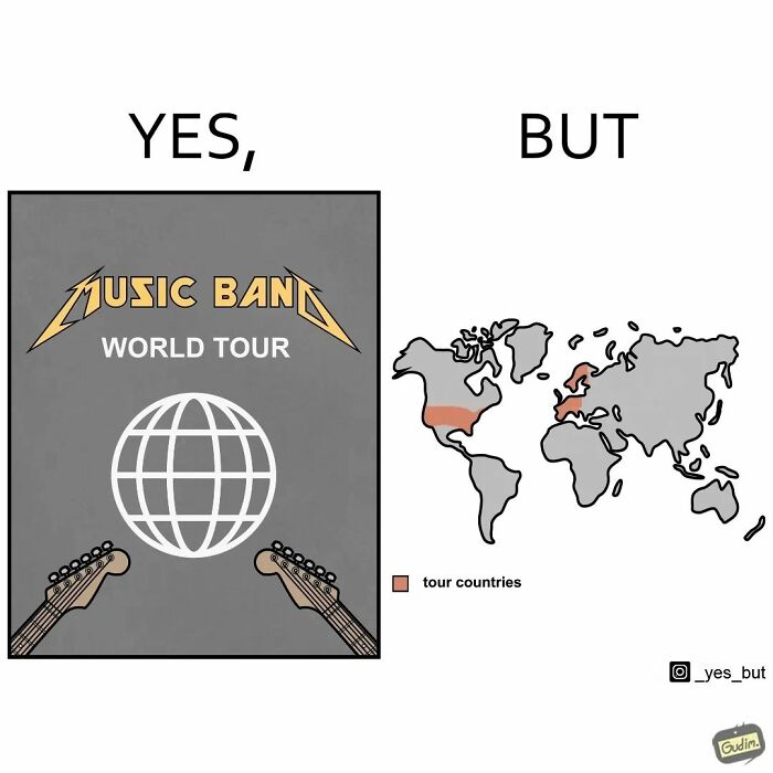 Comic illustrating a music band's world tour with a humorous map highlighting limited tour countries yes but style.