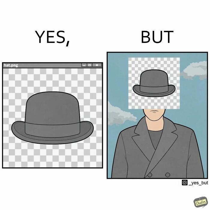 Yes but comic showing a digital hat image superimposed over a man's face with transparent background squares.