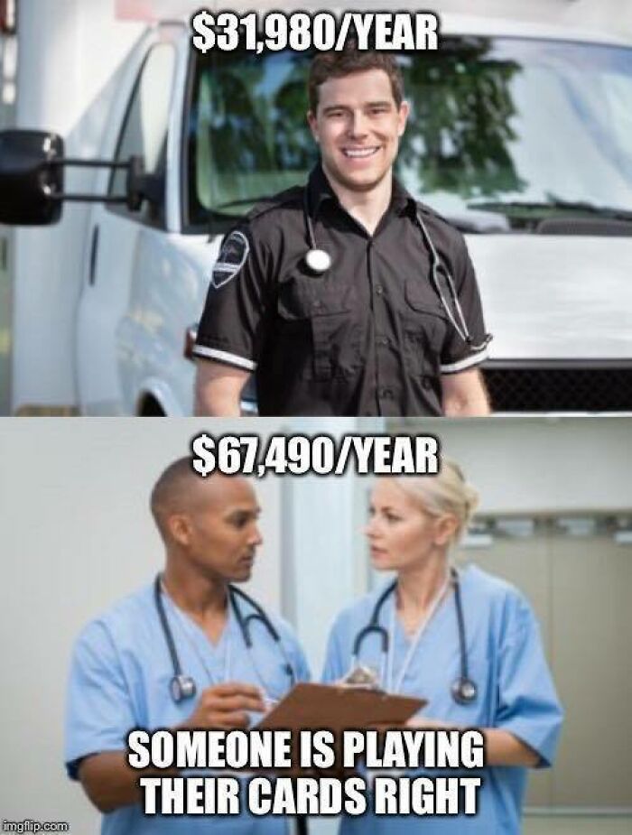 Smiling EMT in uniform and two paramedics discussing a chart comparing salaries with text about playing their cards right