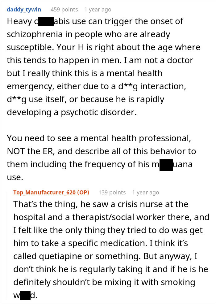 Reddit comments discussing heavy cannabis use triggering mental health crises and the challenges of seeking therapy support. Reddit comments discussing heavy cannabis use triggering mental health crises and the challenges of seeking therapy support.