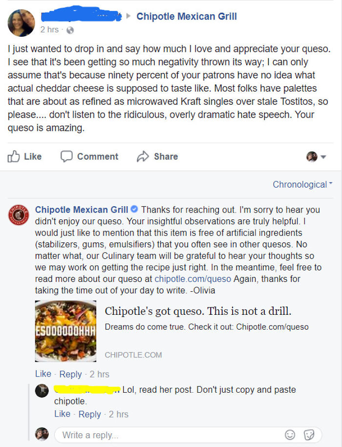 Social media fail shows Chipotle’s awkward customer interaction over queso criticism on Facebook.