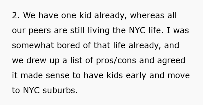 Text excerpt discussing decision to have kids early and move to NYC suburbs, highlighting a robotically calculated choice mindset. Text excerpt discussing decision to have kids early and move to NYC suburbs, highlighting a robotically calculated choice mindset.