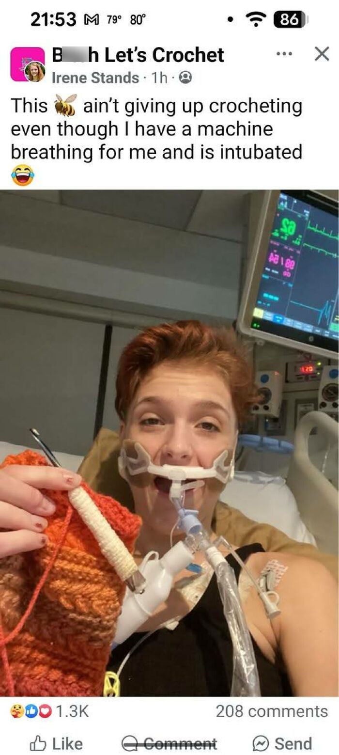 Person in hospital bed crocheting with breathing machine, illustrating EMT and paramedic humor and resilience.