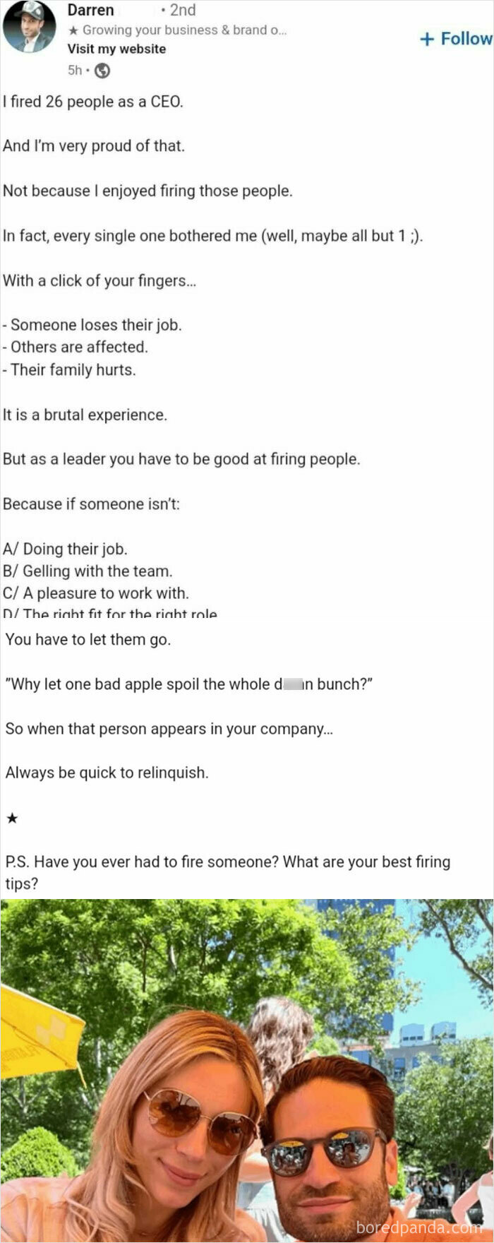 LinkedIn post by a CEO discussing the harsh realities of firing employees and leadership challenges in hustle culture.